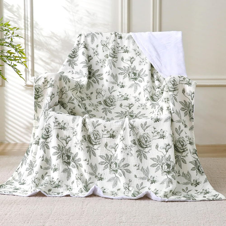Muslin Blankets for Adults Reversible Throw Fleece & Gauze, Soft Cozy Lightweight Breathable Green Floral Blanket for Bed Couch, Double Layer Muslin Throw Cover 50"x70"